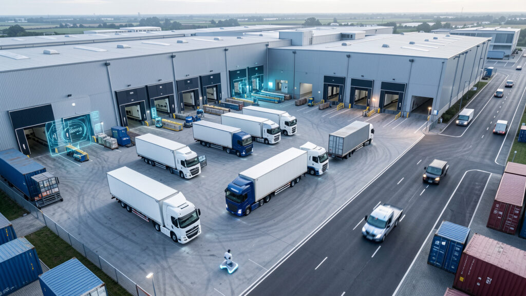 Vue aérienne réaliste d’une flotte de camions modernes autour d’un entrepôt logistique équipé d’outils numériques.