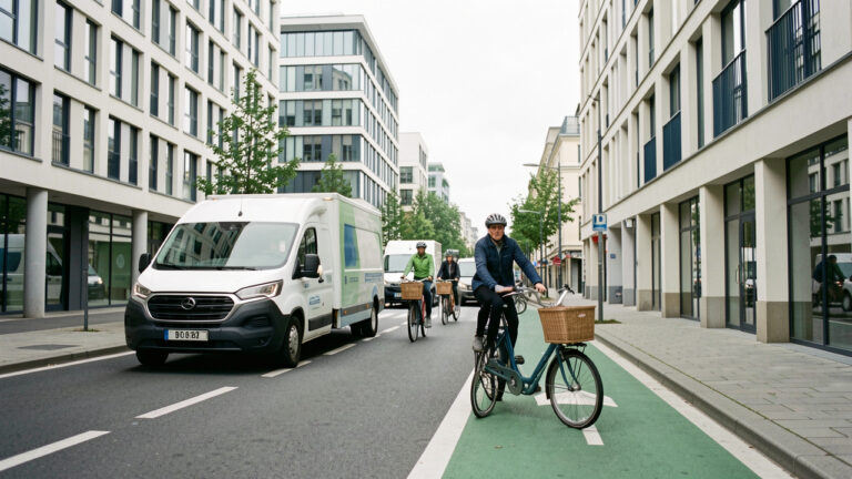 Véhicules de livraison électriques et vélos-cargos circulant dans une rue urbaine moderne d’Île-de-France.