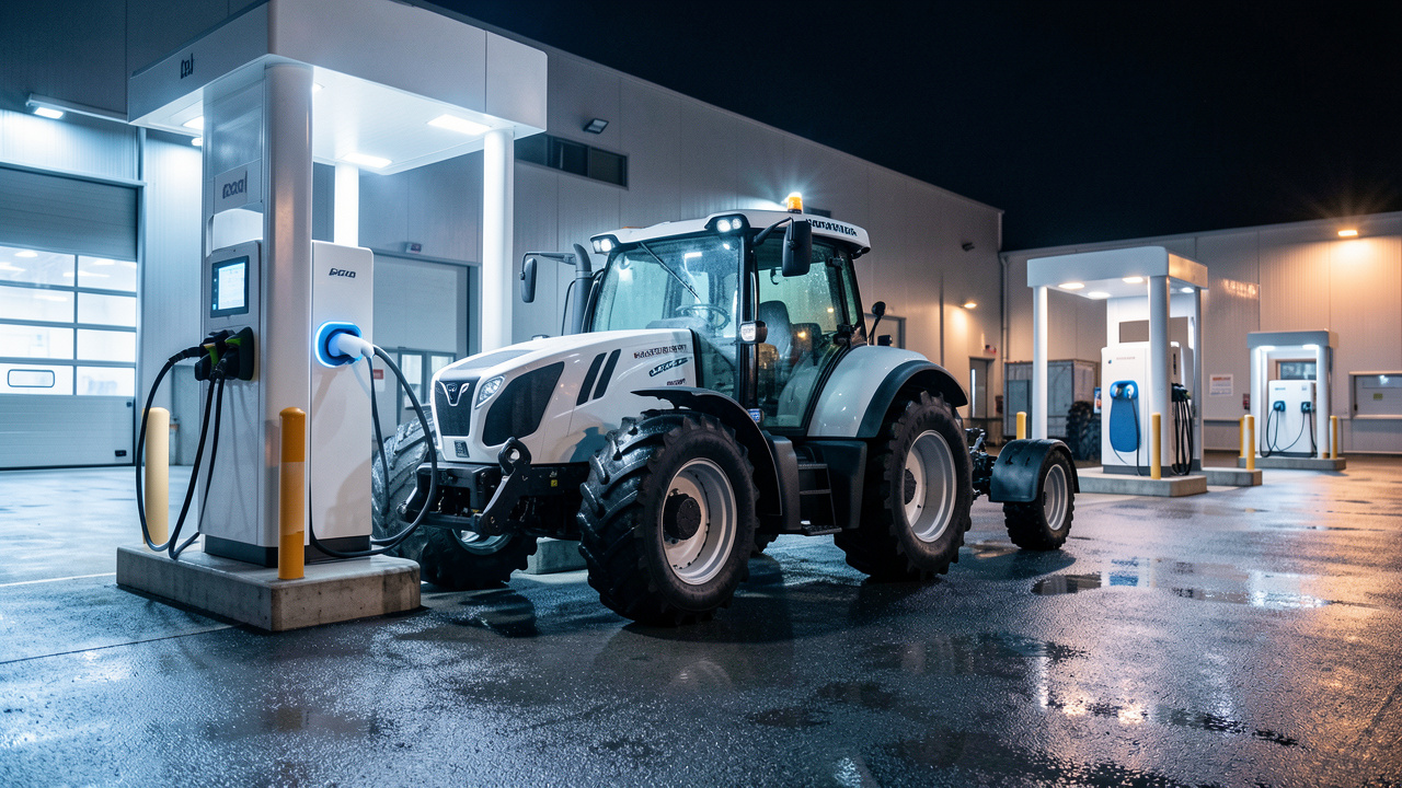 Tracteur routier électrique blanc en charge sur une borne rapide dans un dépôt logistique français éclairé de nuit.