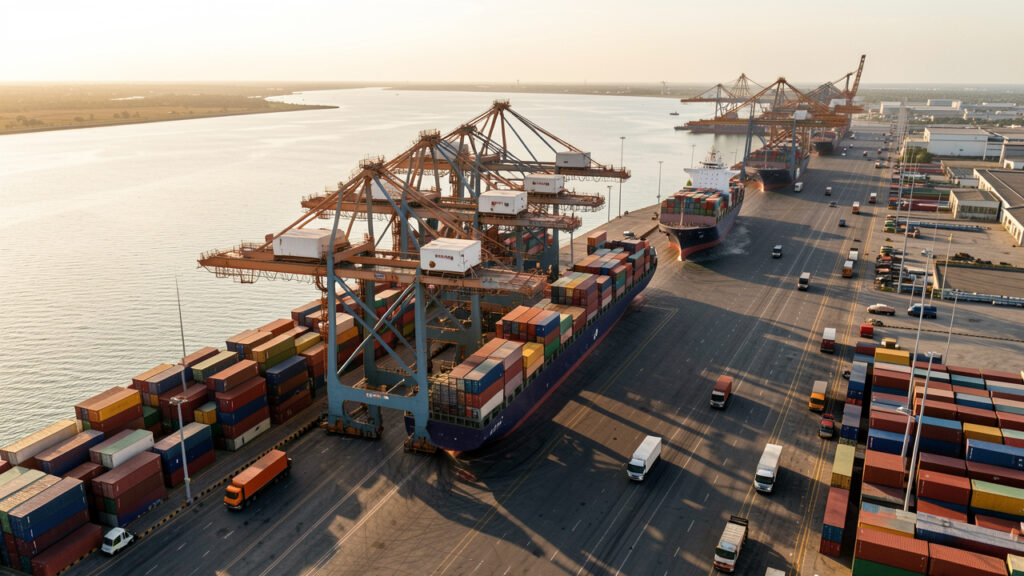 Vue aérienne réaliste d’un grand port à conteneurs africain avec grues de quai, navires porte-conteneurs et camions, éclairé par la lumière dorée de fin de journée.