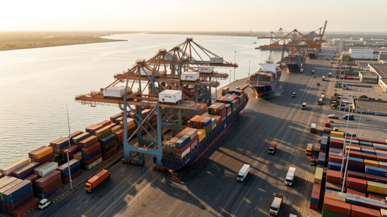 Vue aérienne réaliste d’un grand port à conteneurs africain avec grues de quai, navires porte-conteneurs et camions, éclairé par la lumière dorée de fin de journée.