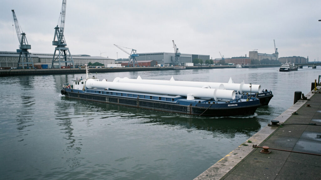 Une grande barge fluviale transporte des sections de tour et de longues pales d’éoliennes sur la Seine, devant un quai industriel.