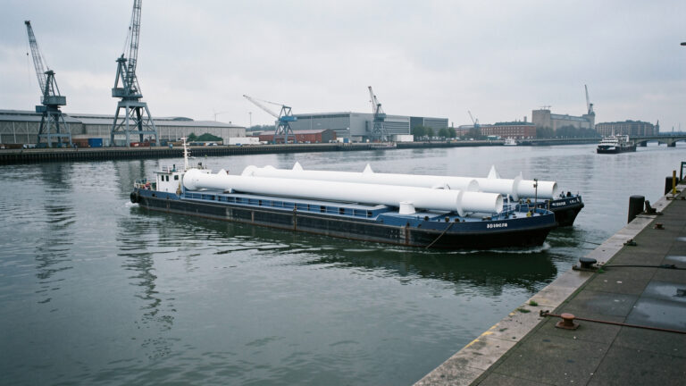 Une grande barge fluviale transporte des sections de tour et de longues pales d’éoliennes sur la Seine, devant un quai industriel.