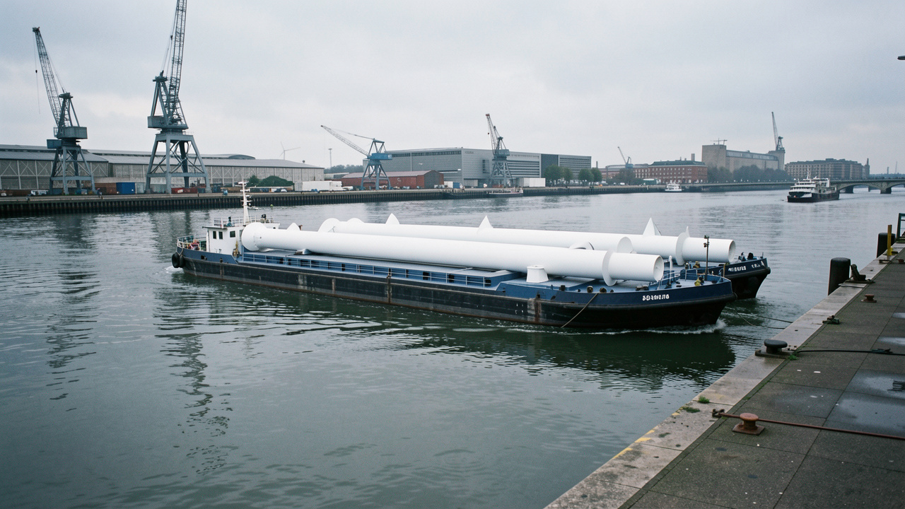 Une grande barge fluviale transporte des sections de tour et de longues pales d’éoliennes sur la Seine, devant un quai industriel.