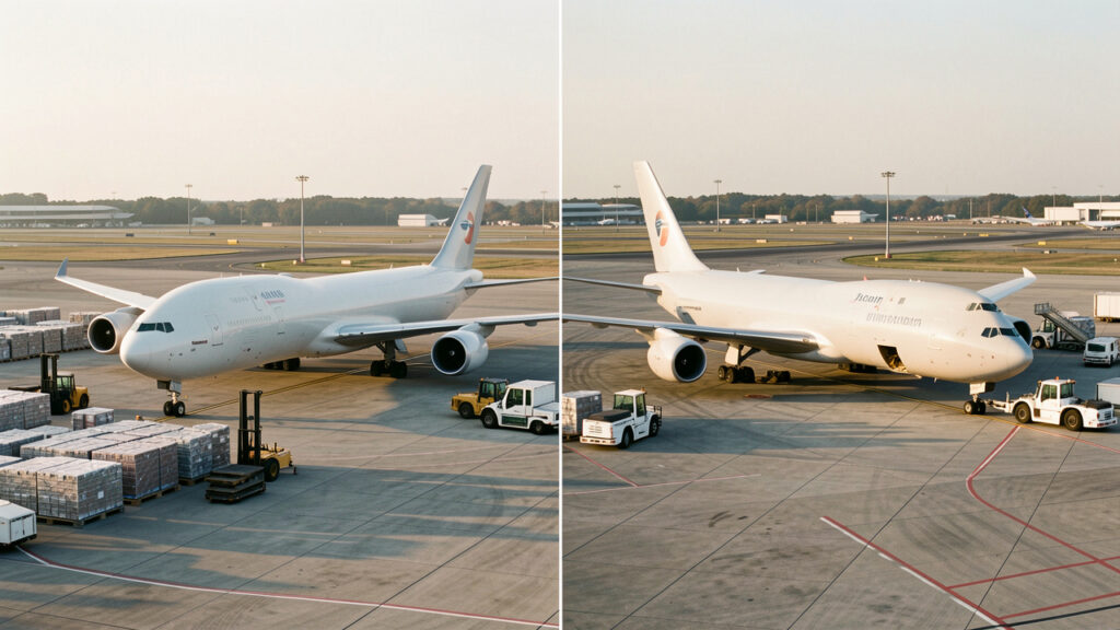 Comparaison réaliste de deux avions cargo modernes stationnés côte à côte sur un tarmac, entourés de palettes ULD et de véhicules de manutention dans une lumière matinale dorée.