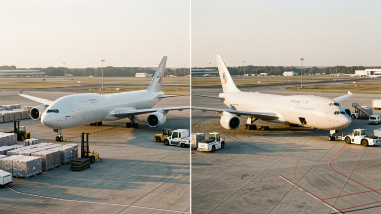 Comparaison réaliste de deux avions cargo modernes stationnés côte à côte sur un tarmac, entourés de palettes ULD et de véhicules de manutention dans une lumière matinale dorée.