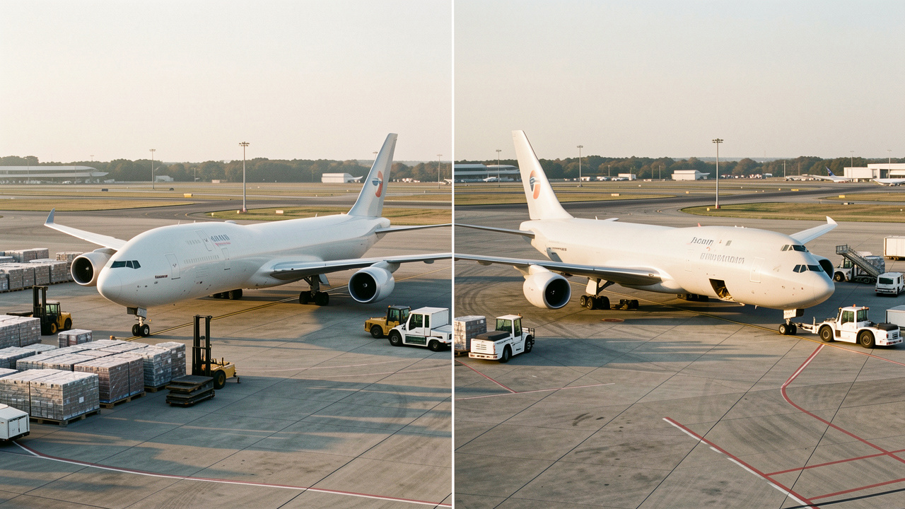 Comparaison réaliste de deux avions cargo modernes stationnés côte à côte sur un tarmac, entourés de palettes ULD et de véhicules de manutention dans une lumière matinale dorée.