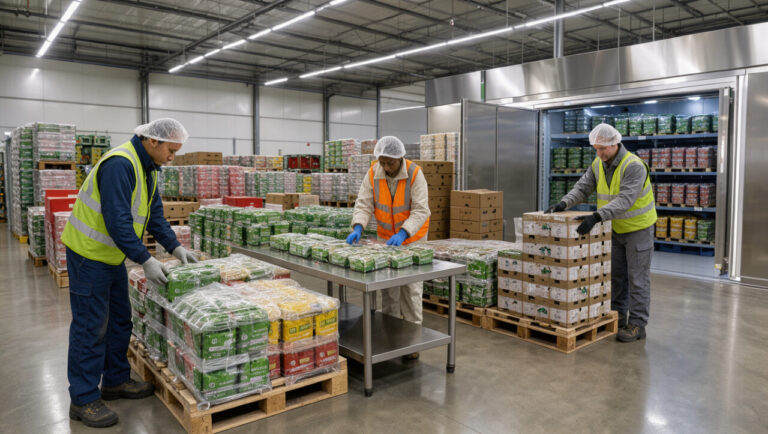 Entrepôt agroalimentaire moderne avec palettes de denrées, employés équipés et zone froide propre et organisée.