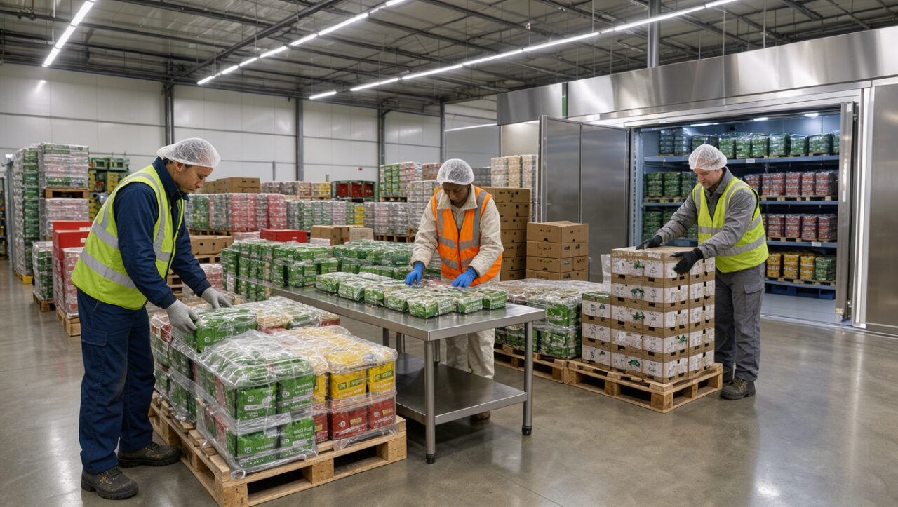 Entrepôt agroalimentaire moderne avec palettes de denrées, employés équipés et zone froide propre et organisée.