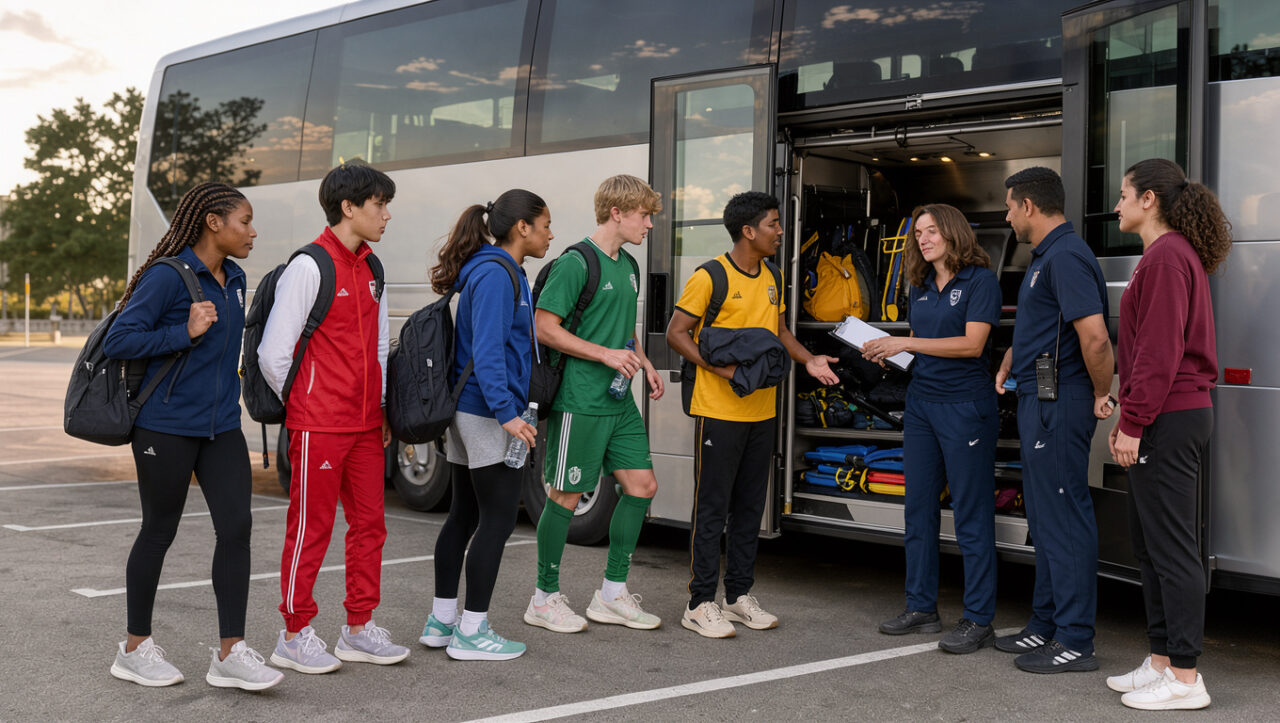Un groupe diversifié de jeunes sportifs monte dans un autocar moderne accompagné de deux encadrants adultes, une femme et un homme, dans une ambiance organisée et rassurante.
