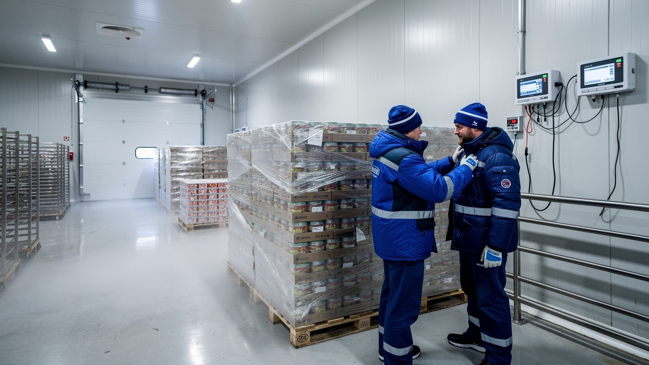 Deux opérateurs en tenue isolante contrôlent des palettes et des capteurs de température dans une plateforme logistique alimentaire comprenant des zones réfrigérées et congelées.