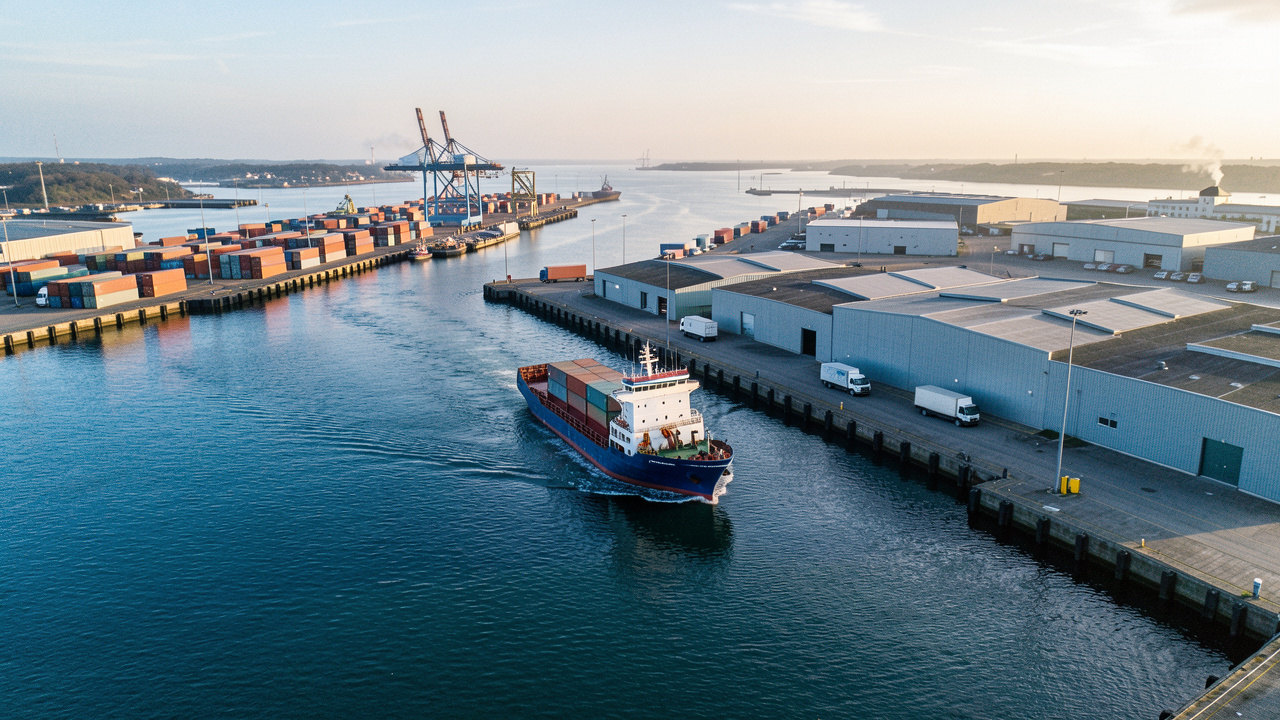 Vue aérienne réaliste d’un petit porte-conteneurs entrant dans un port régional européen, entouré de grues, d’entrepôts et de camions sous une lumière matinale.