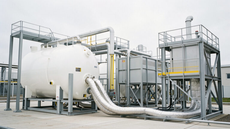 Site industriel équipé d’une unité de captage du CO₂, avec une citerne cryogénique blanche en cours de chargement.