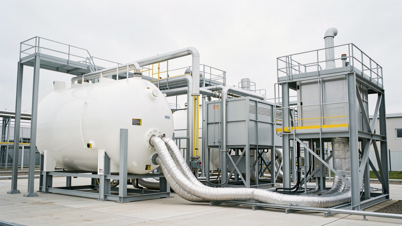 Site industriel équipé d’une unité de captage du CO₂, avec une citerne cryogénique blanche en cours de chargement.