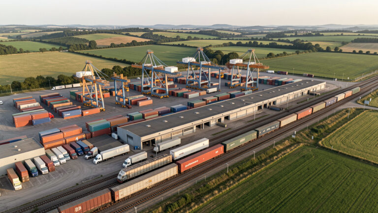 Vue aérienne réaliste d’un terminal intermodal près de Bayonne, avec des conteneurs, des semi-remorques, des portiques de manutention et un train de fret entourés par le paysage verdoyant du Sud-Ouest.