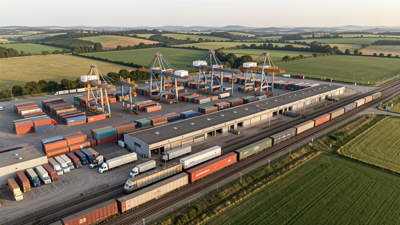Vue aérienne réaliste d’un terminal intermodal près de Bayonne, avec des conteneurs, des semi-remorques, des portiques de manutention et un train de fret entourés par le paysage verdoyant du Sud-Ouest.