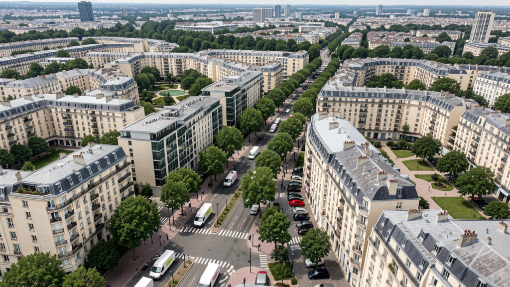 Vue aérienne réaliste de plusieurs véhicules de livraison circulant dans un paysage urbain dense d’Île-de-France, entre immeubles, avenues arborées et quartiers métropolitains.