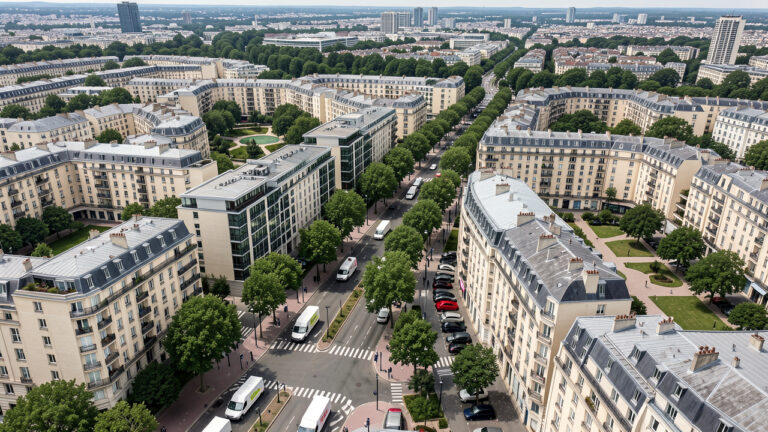 Vue aérienne réaliste de plusieurs véhicules de livraison circulant dans un paysage urbain dense d’Île-de-France, entre immeubles, avenues arborées et quartiers métropolitains.