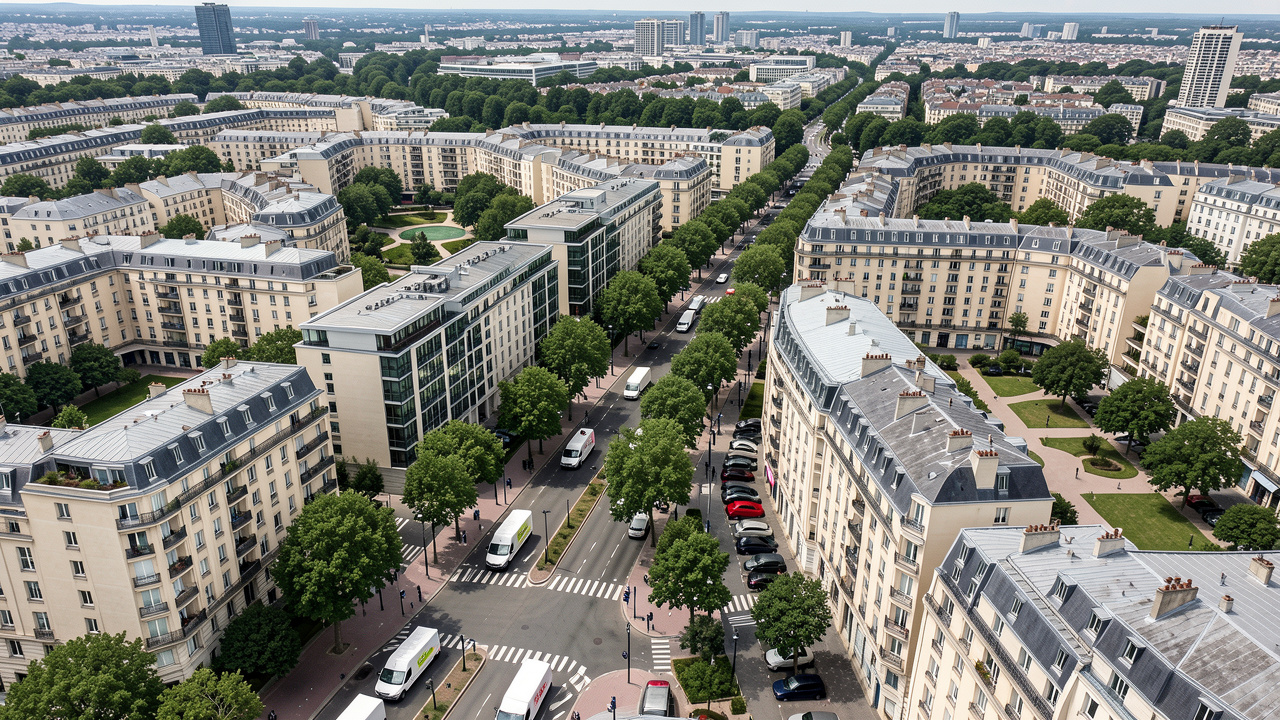 Vue aérienne réaliste de plusieurs véhicules de livraison circulant dans un paysage urbain dense d’Île-de-France, entre immeubles, avenues arborées et quartiers métropolitains.